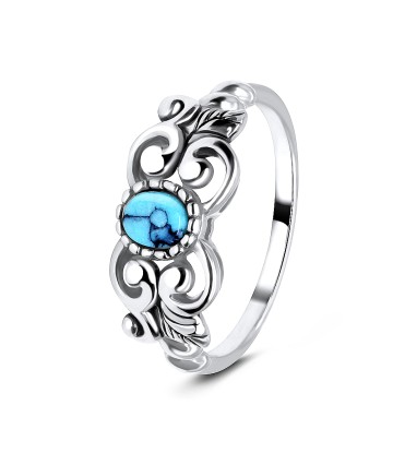 Blue Turquoise with Oxidized Ornamental Silver Ring NSR-3188